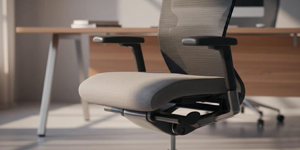 Silla de oficina de tela y malla en un espacio corporativo