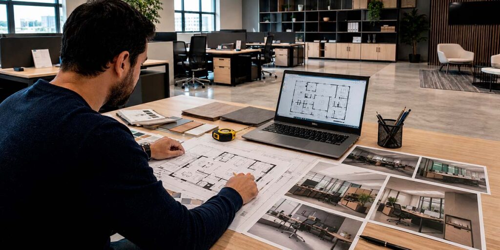 arquitecto planificando el equipamiento de oficinas de coworking